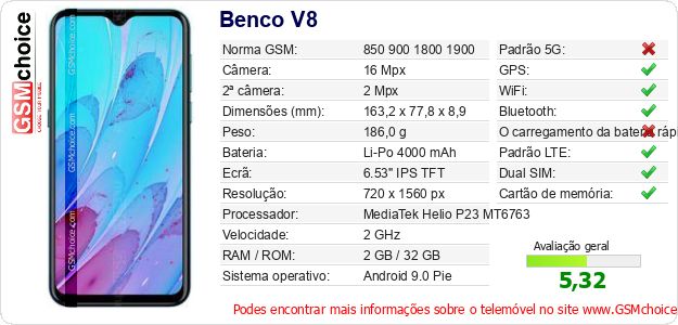 Benco V8 Especificações técnicas do telemóvel 