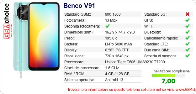 Benco V91 Dati tecnici di telefono cellulare 