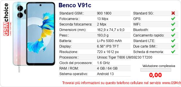 Benco V91c Dati tecnici di telefono cellulare Benco V91c Dati tecnici di telefono cellulare