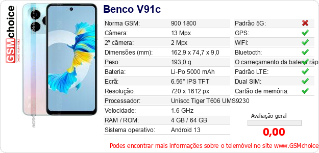 Benco V91c Especificações técnicas do telemóvel 