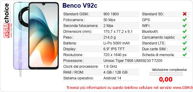 Benco V92c Dati tecnici di telefono cellulare Benco V92c Dati tecnici di telefono cellulare
