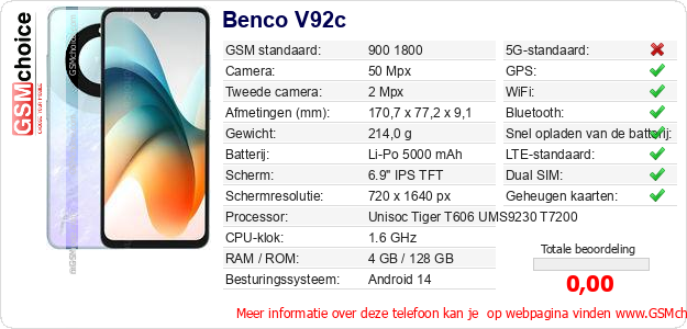 Benco V92c Technische gegevens 