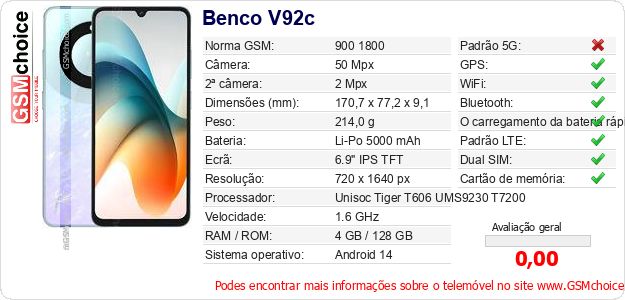 Benco V92c Especificações técnicas do telemóvel Benco V92c Especificações técnicas do telemóvel