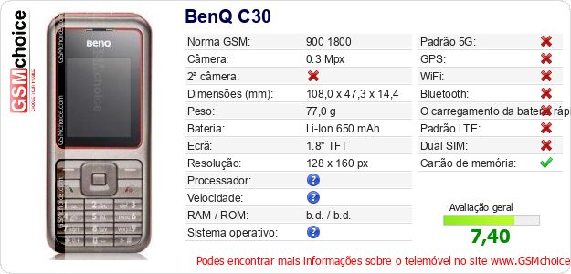 BenQ C30 Especificações técnicas do telemóvel BenQ C30 Especificações técnicas do telemóvel