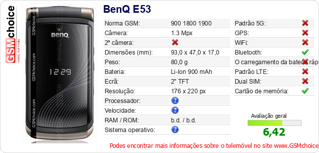 BenQ E53 Especificações técnicas do telemóvel BenQ E53 Especificações técnicas do telemóvel