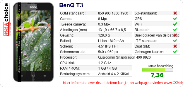 BenQ T3 Technische gegevens  BenQ T3 Technische gegevens