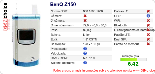 BenQ Z150 Especificações técnicas do telemóvel BenQ Z150 Especificações técnicas do telemóvel