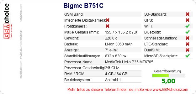 Bigme B751C technische Daten Bigme B751C technische Daten