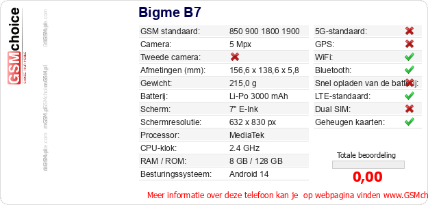 Bigme B7 Technische gegevens 
