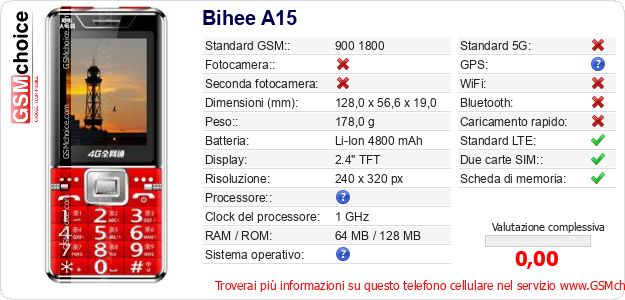 Bihee A15 Dati tecnici di telefono cellulare Bihee A15 Dati tecnici di telefono cellulare