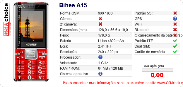 Bihee A15 Especificações técnicas do telemóvel Bihee A15 Especificações técnicas do telemóvel