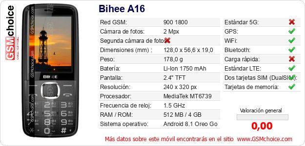 Bihee A16 Datos técnicos del móvil Bihee A16 Datos técnicos del móvil