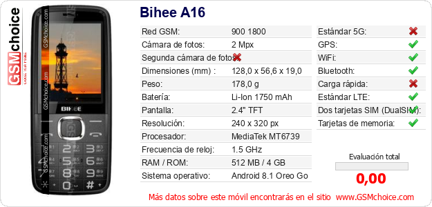 Bihee A16 Datos técnicos del móvil 