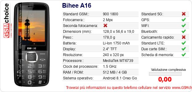 Bihee A16 Dati tecnici di telefono cellulare Bihee A16 Dati tecnici di telefono cellulare