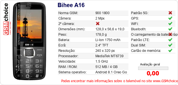 Bihee A16 Especificações técnicas do telemóvel 