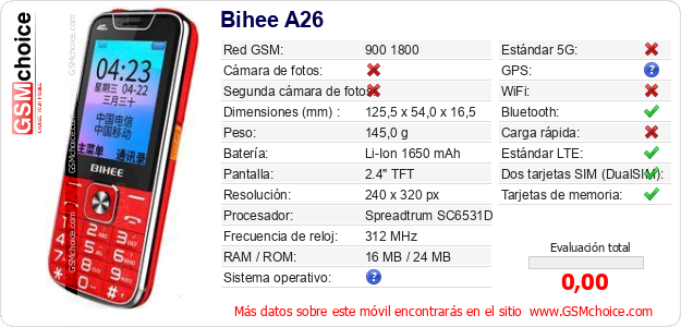 Bihee A26 Datos técnicos del móvil 