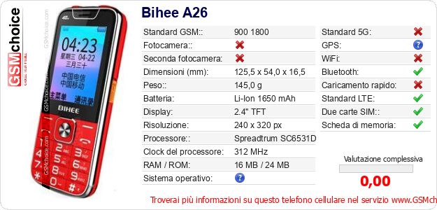 Bihee A26 Dati tecnici di telefono cellulare Bihee A26 Dati tecnici di telefono cellulare
