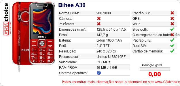 Bihee A30 Especificações técnicas do telemóvel Bihee A30 Especificações técnicas do telemóvel