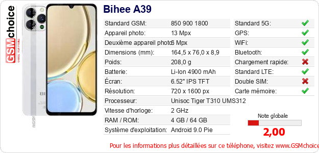 Bihee A39 Fiche technique