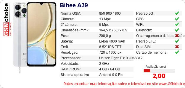 Bihee A39 Especificações técnicas do telemóvel Bihee A39 Especificações técnicas do telemóvel