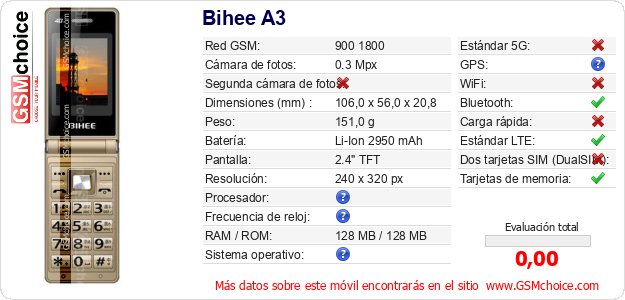 Bihee A3 Datos técnicos del móvil 