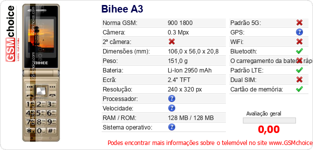 Bihee A3 Especificações técnicas do telemóvel 