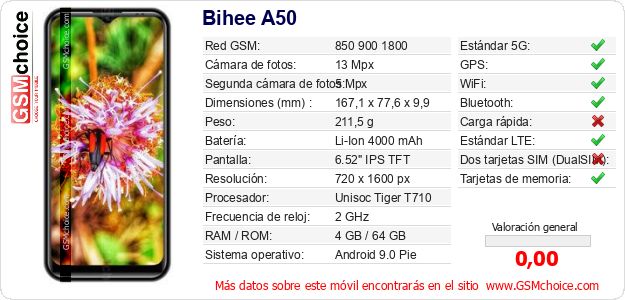Bihee A50 Datos técnicos del móvil 
