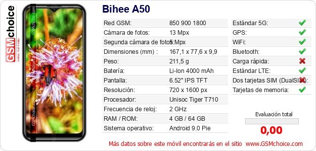 Bihee A50 Datos técnicos del móvil 