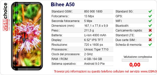 Bihee A50 Dati tecnici di telefono cellulare 