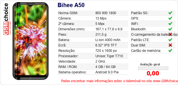 Bihee A50 Especificações técnicas do telemóvel Bihee A50 Especificações técnicas do telemóvel