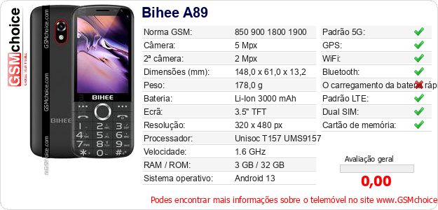 Bihee A89 Especificações técnicas do telemóvel 