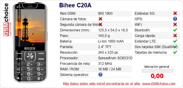 Bihee C20A Datos técnicos del móvil Bihee C20A Datos técnicos del móvil