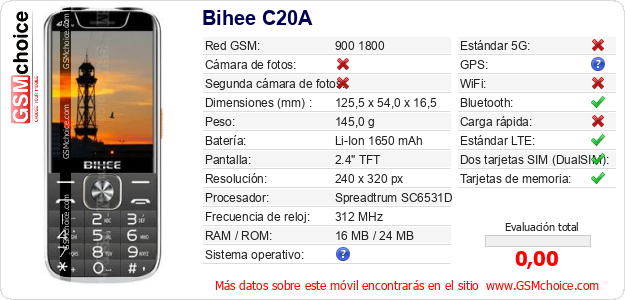 Bihee C20A Datos técnicos del móvil 