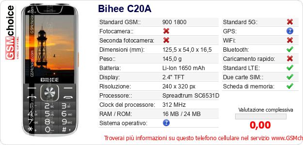 Bihee C20A Dati tecnici di telefono cellulare Bihee C20A Dati tecnici di telefono cellulare