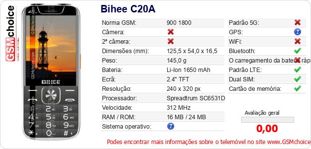 Bihee C20A Especificações técnicas do telemóvel Bihee C20A Especificações técnicas do telemóvel