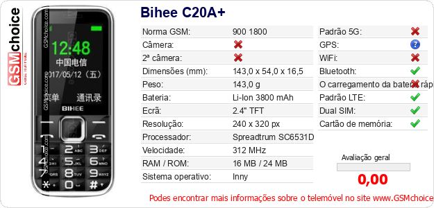 Bihee C20A+ Especificações técnicas do telemóvel Bihee C20A+ Especificações técnicas do telemóvel