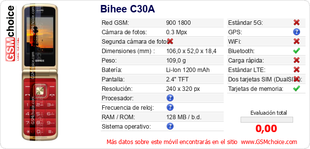 Bihee C30A Datos técnicos del móvil 