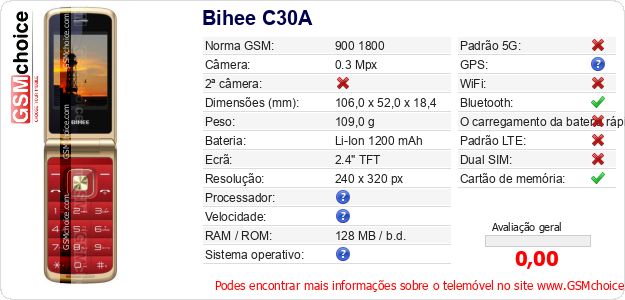 Bihee C30A Especificações técnicas do telemóvel Bihee C30A Especificações técnicas do telemóvel