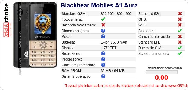 Blackbear Mobiles A1 Aura Dati tecnici di telefono cellulare 