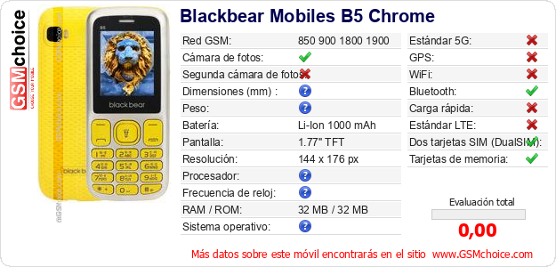 Blackbear Mobiles B5 Chrome Datos técnicos del móvil Blackbear Mobiles B5 Chrome Datos técnicos del móvil