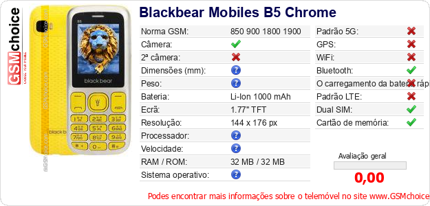 Blackbear Mobiles B5 Chrome Especificações técnicas do telemóvel Blackbear Mobiles B5 Chrome Especificações técnicas do telemóvel