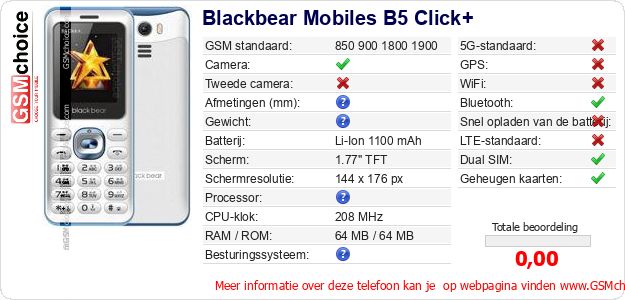 Blackbear Mobiles B5 Click+ Technische gegevens 