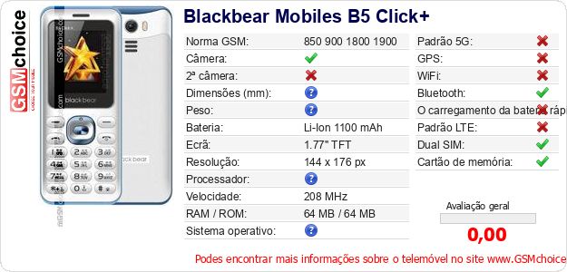 Blackbear Mobiles B5 Click+ Especificações técnicas do telemóvel 