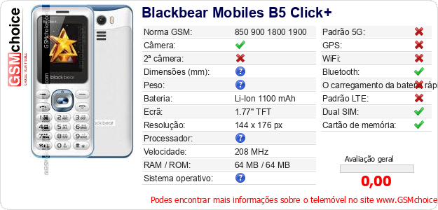 Blackbear Mobiles B5 Click+ Especificações técnicas do telemóvel 