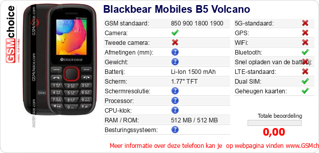 Blackbear Mobiles B5 Volcano Technische gegevens 