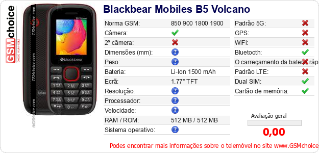 Blackbear Mobiles B5 Volcano Especificações técnicas do telemóvel Blackbear Mobiles B5 Volcano Especificações técnicas do telemóvel