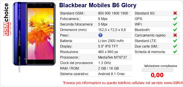 Blackbear Mobiles B6 Glory Dati tecnici di telefono cellulare 