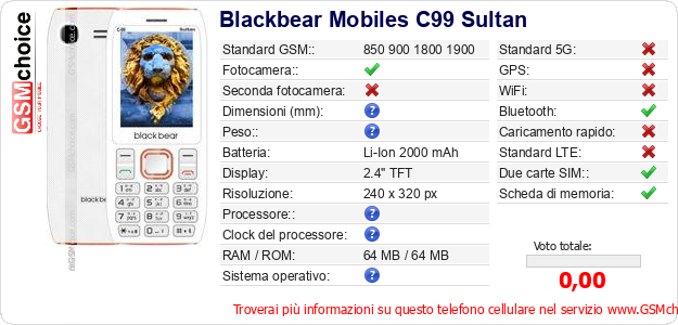 Blackbear Mobiles C99 Sultan Dati tecnici di telefono cellulare 