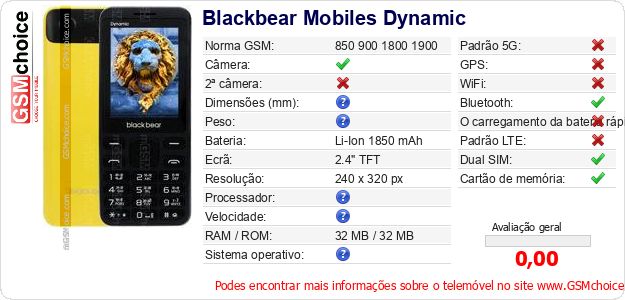 Blackbear Mobiles Dynamic Especificações técnicas do telemóvel 