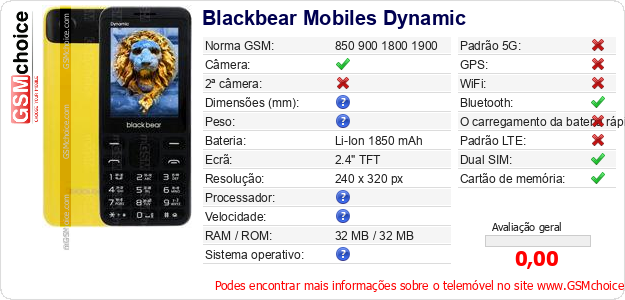 Blackbear Mobiles Dynamic Especificações técnicas do telemóvel 